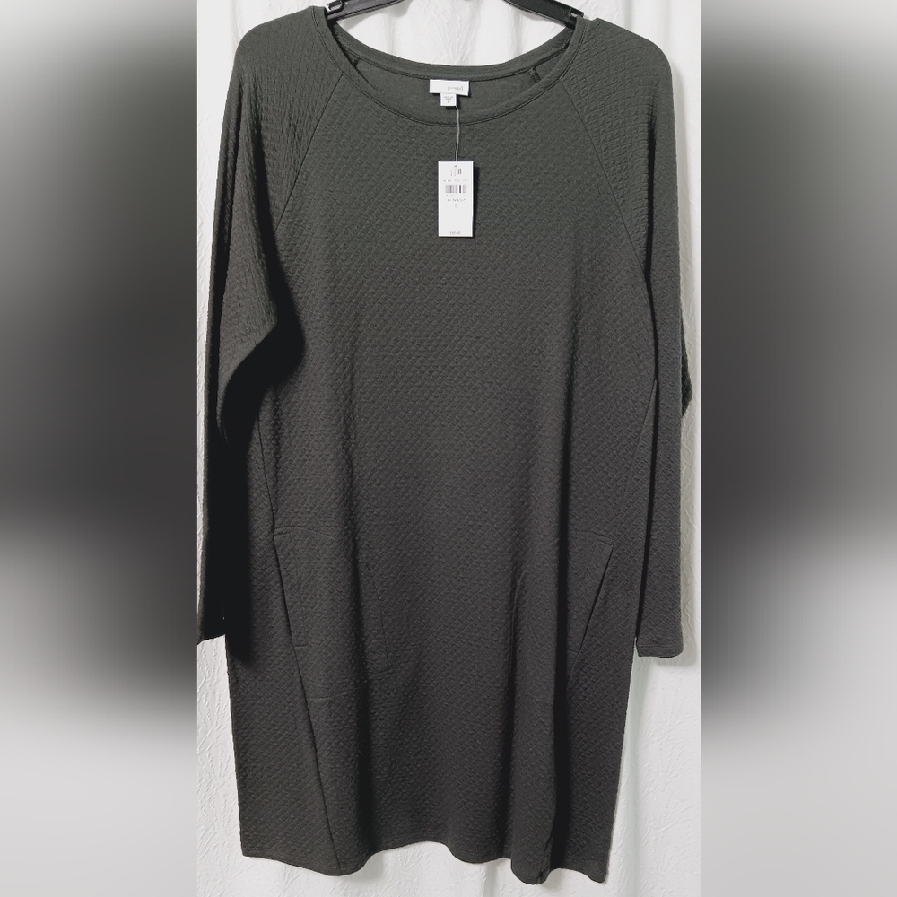 NWT J.Jill Pure Shift Dress  Army green Wafle Pockets Oversized Soft Size L